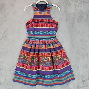 ASOS Dress Womens Size 4 Multicolor Aztec Boho Stitched Print Pleated Full Skirt
